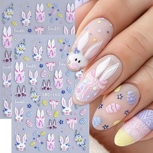 POWPOP 5D Embossed Easter Nail Art Stickers Bunny Flower Decals 4PCS