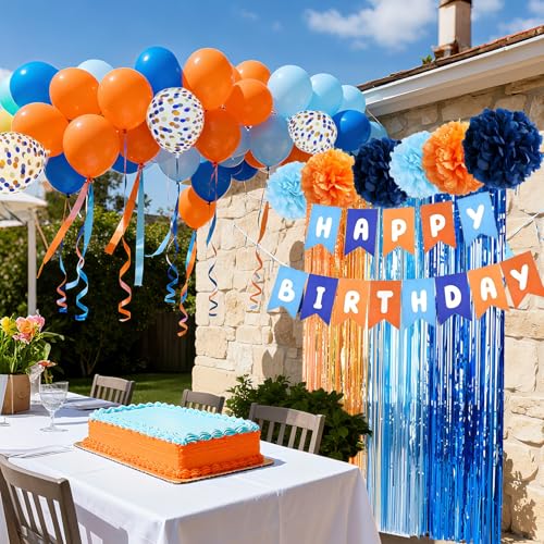 Blue and Orange Party Decorations Set with Balloons Banner Pompoms Fringe Curtain