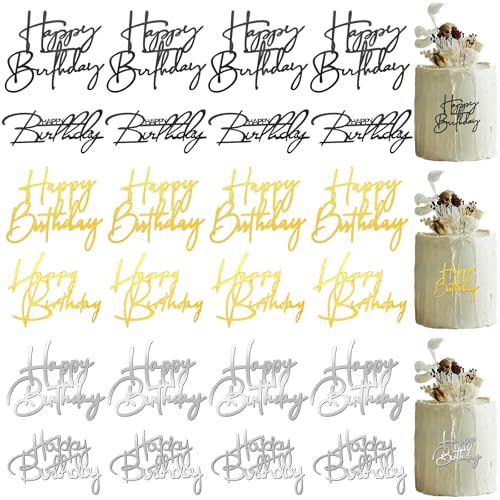 24-Piece Happy Birthday Acrylic Cake Topper Set - Gold, Black, Silver