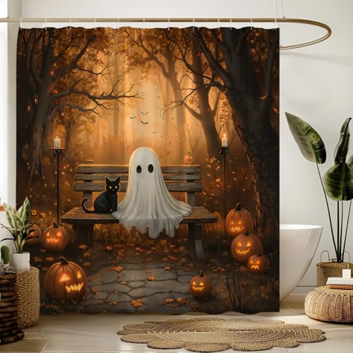 Halloween Ghost Shower Curtain - 70 x 70 Inch Spooky Bathroom Decor