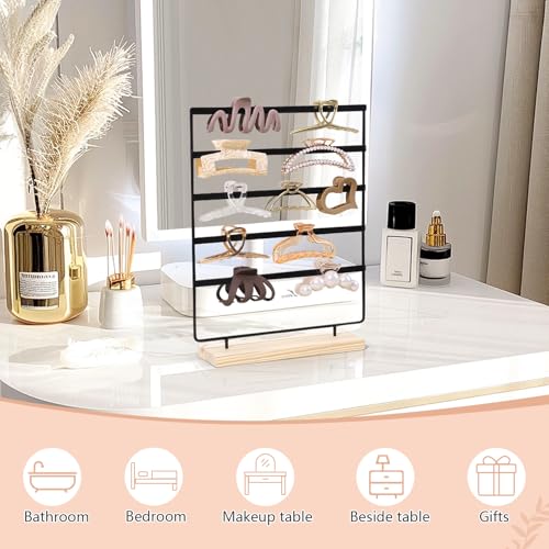 Black 5-Tier Hair Claw Clip Holder with Wooden Base Organizer