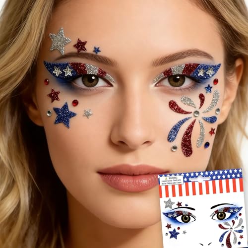 Patriotic Glitter Face Gems & USA Flag Temporary Tattoos (2 Pack)