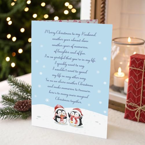 Penguin Christmas Card for Husband – Cute Romantic Xmas Card with Envelope
