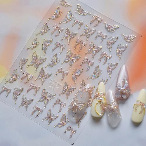 5D Embossed Butterfly Nail Stickers Self-Adhesive Aurora Pink Bow Nail Decals