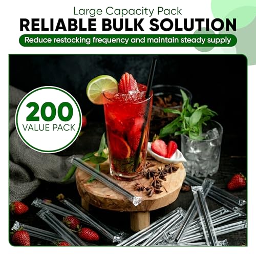 Individually Wrapped Black Drinking Straws - 7.75" Standard Size, Pack of 200