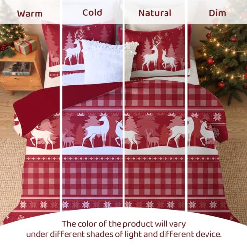 Luxudecor Christmas Bedding Set King Size Reindeer Red Duvet Cover & Pillow Shams
