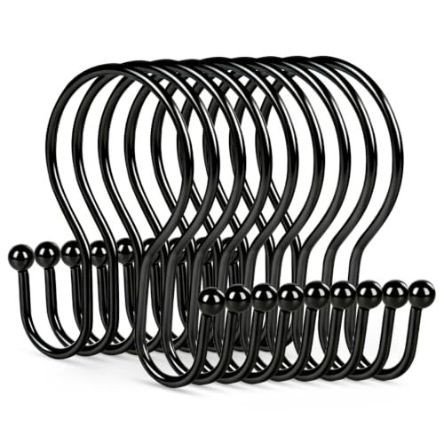 Resze Black 12PCS Heavy-Duty Metal Shower Curtain Hooks - Rust-Resistant & Smooth Gliding