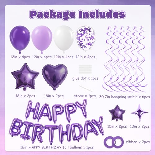 Purple Birthday Decorations Set with Happy Birthday Banner & Foil Balloons