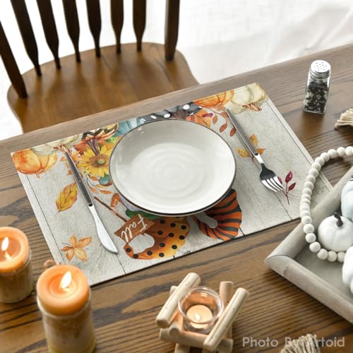 Wood Gnomes Pumpkin Fall Placemats Set of 4 - 12x18 Inch Rectangular Seasonal Table Decor