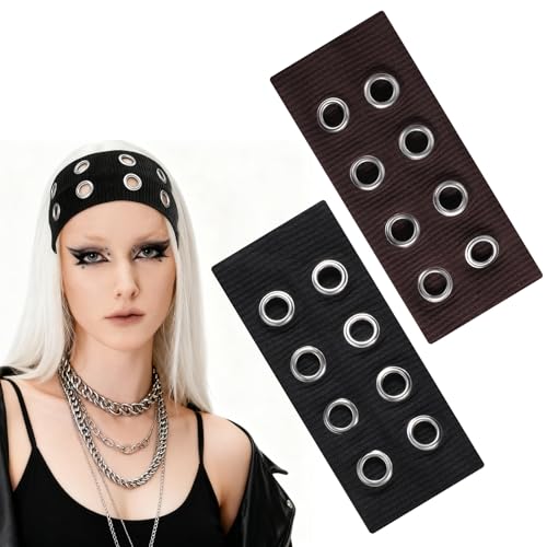 Tucnoeu 2 Pcs Hollow Out Elastic Headbands Y2K Punk Wide Hairbands Black