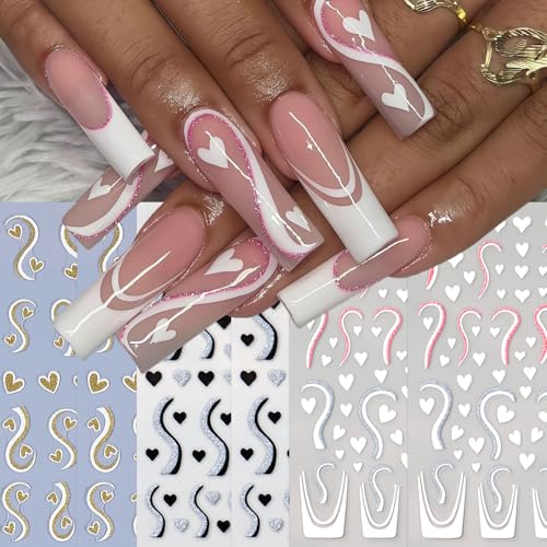 6 Pcs Valentines Glitter Heart Nail Stickers Self-Adhesive Decals
