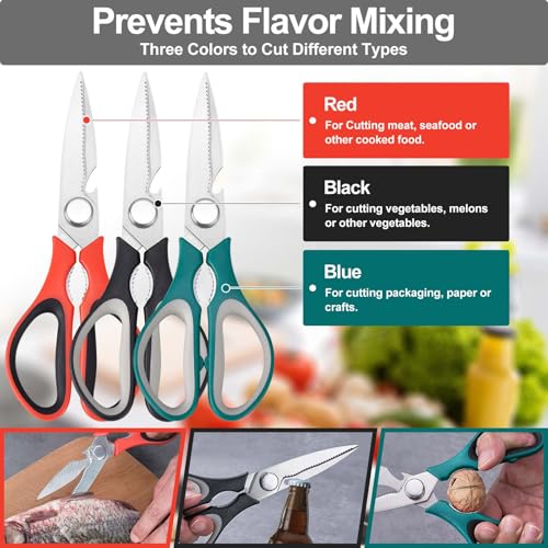 3-Pack Heavy Duty Stainless Steel Kitchen Scissors - All Purpose Cooking Shears for Meat, Vegetables & Seafood