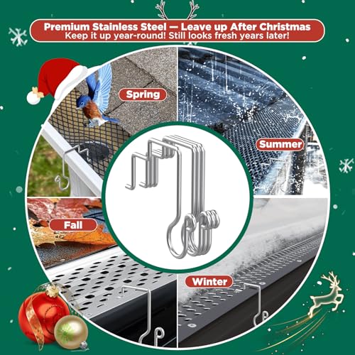 Christmas Light Hooks for Gutter Guards - Heavy-Duty Stainless Steel, 100 Pack - Mesh & Perforated Gutter Compatible