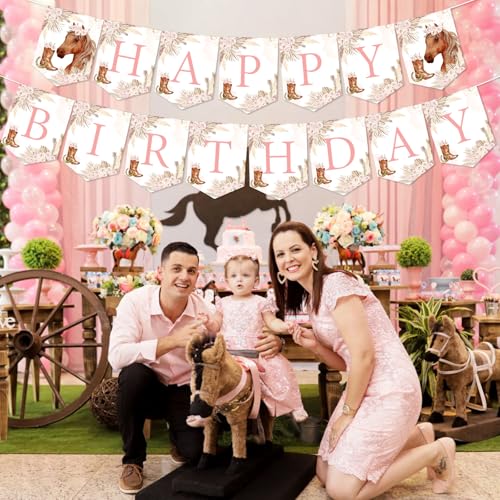 Boho Horse Happy Birthday Banner - Pink Western Cowgirl Party Supplies