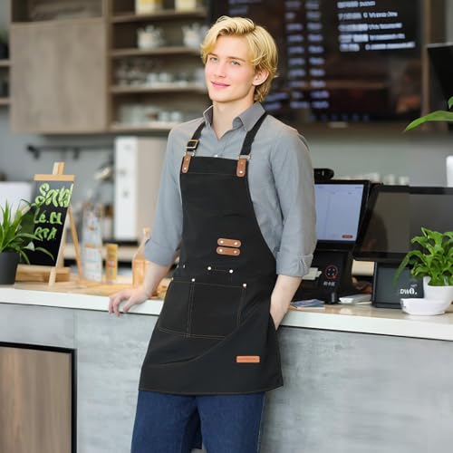 APRONPANDA Chef Apron - Black Heavy Duty Canvas with Pockets & Adjustable Strap