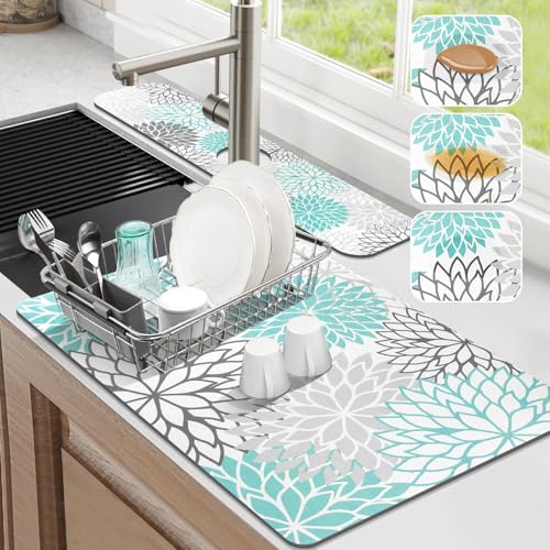 Findosom Dish Drying Mat and Sink Splash Guard Set - 12" x 20", Teal Floral