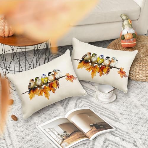 RABUSOFA Fall Bird Throw Pillow Cover, Waterproof Linen, 12x20 Inch