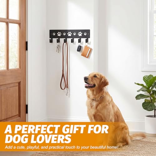 Dog Leash and Key Holder Wall Mount with 6 Hooks - Decorative Paw Print