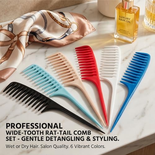 Viviyoo 6 Pack Wide Tooth Rat Tail Comb Set for Curly Hair & Styling