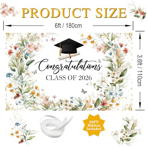 Wildflower Graduation Backdrop Banner - Class of 2026, 70.8 x 43.3 Inch
