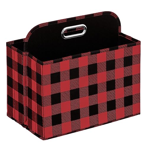mDesign Holiday Storage Box for Gift Wrapping and Bows with Compartments and Handle - Christmas Organizer Tote for Ribbons - Divided Container for Crafts and Stationary - Buffalo Plaid, Red/Black