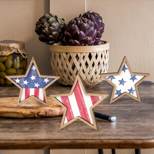 COCHIE Retro 4th of July Wooden Star Decorations Set of 3