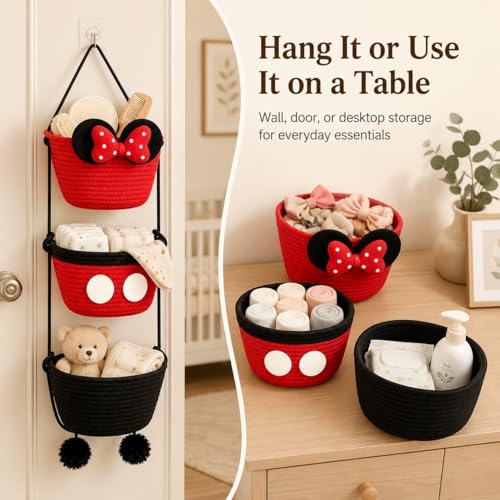 3-Tier Woven Cotton Hanging Basket Organizer with Bow for Nursery & Home