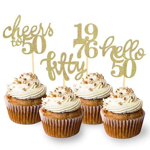 Gold 50th Birthday Cupcake Toppers - 24 Pcs Cheers to 50 Picks