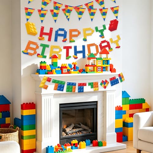 Building Block Birthday Banner Set - Pre-Strung Colorful Brick Decor