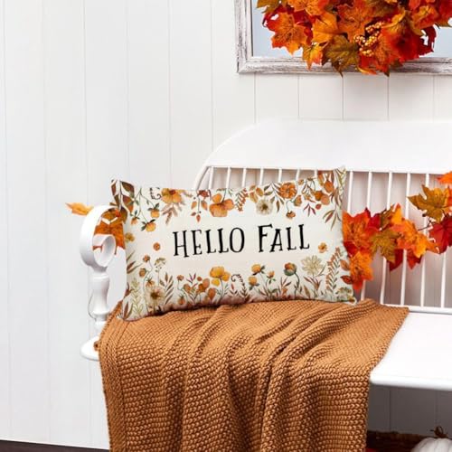 Hello Fall Lumbar Pillow Cover 12x20, Floral Pumpkin Autumn Decor