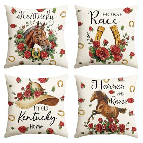 Kentucky Horse Race Throw Pillow Covers 18x18, Set of 4, Indoor Outdoor
