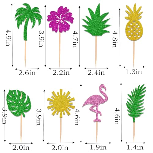 40PCS Tropical Cupcake Toppers - Glitter Hawaiian Cake Picks