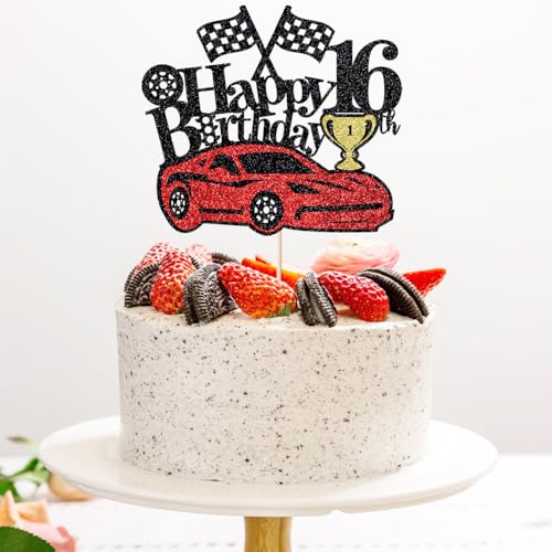 Racing Car 16th Birthday Cake Topper - Checkered Flag Theme
