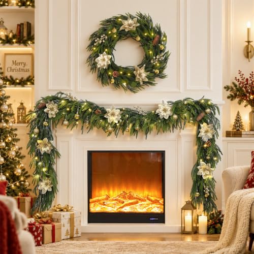 Green 9FT Christmas Prelit Norfolk Pine Garland with Lights & Decorations