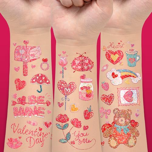 EMOME Glitter Valentine Temporary Tattoos for Kids Party Favors Goodie Bags