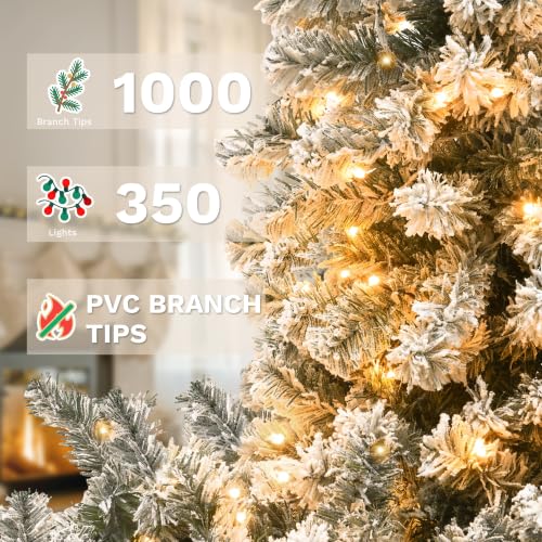 Pre-Lit Flocked Pencil Christmas Tree 7.5ft with 350 Lights and Remote - White / 7ft 6in