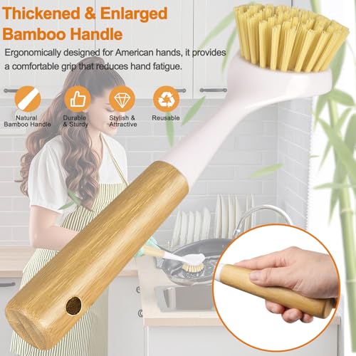 SOGCASE Bamboo Dish Brush Set with Built-in Scraper, 2 Pack