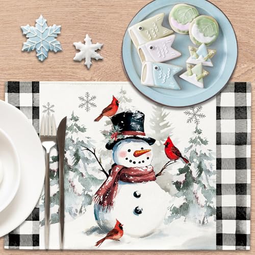 Winter Snowman Placemats Set of 4 - Snowy Pine Tree Cardinal Birds, 12x18 Inches