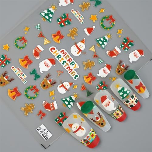 Namrec 5D Embossed Christmas Nail Art Stickers - Santa & Snowman Decals (2 Sheets)