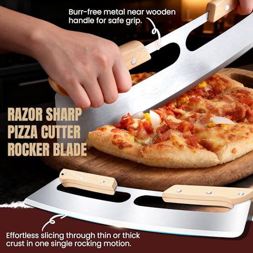 Gicyiit 14-Inch Stainless Steel Rocker Pizza Cutter with Wooden Handle, Sharp & Safe Kitchen Tool