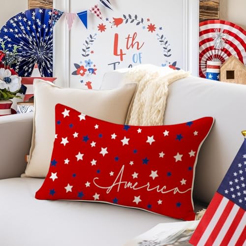 4th of July Patriotic Pillow Cover 12x20 Inch, Red White and Blue Stars Case
