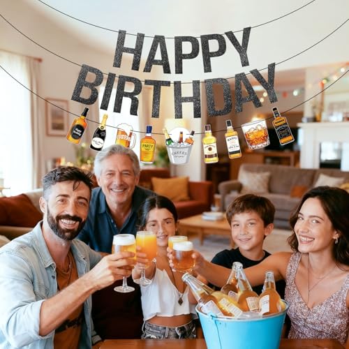 Black Glitter Happy Birthday Banner - Pre-Strung Beer & Whiskey Party Decor