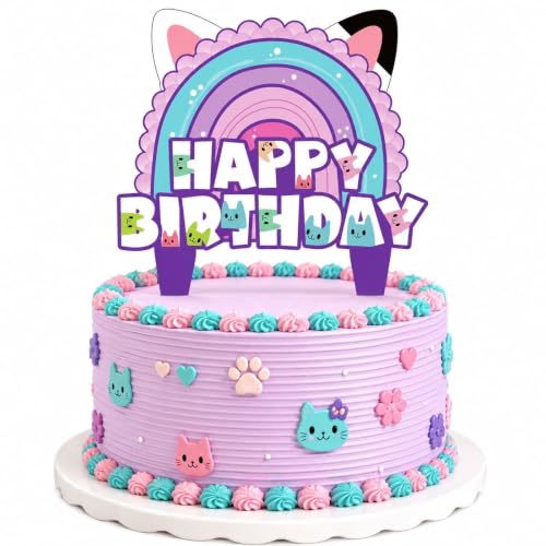 Dollhouse Cake Topper for Girls Birthday Party, Cat Rainbow Design