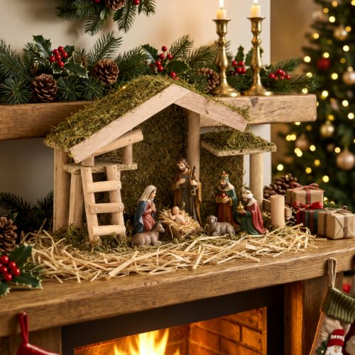 Wooden Nativity Stable Manger Scene with Raffia - Christmas Decor