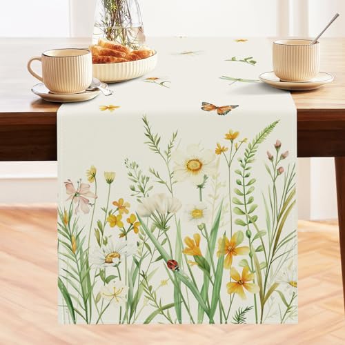 Bonhause Spring Floral Table Runner 13x72 Inch - Yellow & White