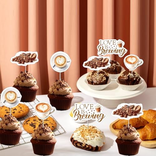 Funmemoir Coffee Cupcake Toppers - 36PCS Love Is Brewing Bridal Shower Decor