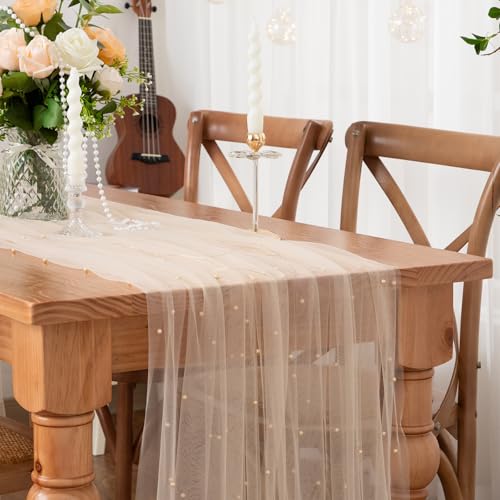 Elegant Beige Pearl Table Runner 29.5 x 120 Inch for Events