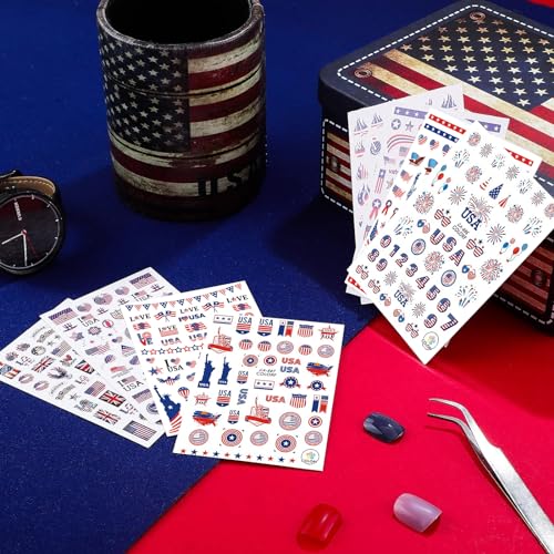 HOXIEYA 4th of July Patriotic Nail Stickers - 4 Sheets American Flag Design