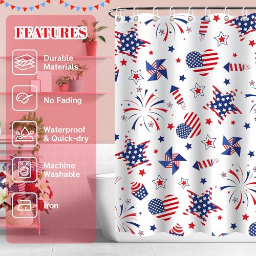 Patriotic USA 4th of July Shower Curtain - Blue and White, 71x71 Inch