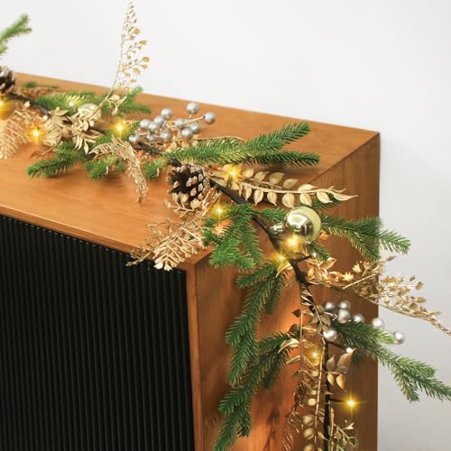 5.2ft Christmas Garland with Lights, Pine Needles, Pinecones, 40 LEDs, Battery Operated Indoor Decor
